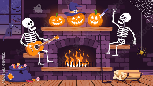 Skeletons and pumpkins in Halloween room with fireplace.