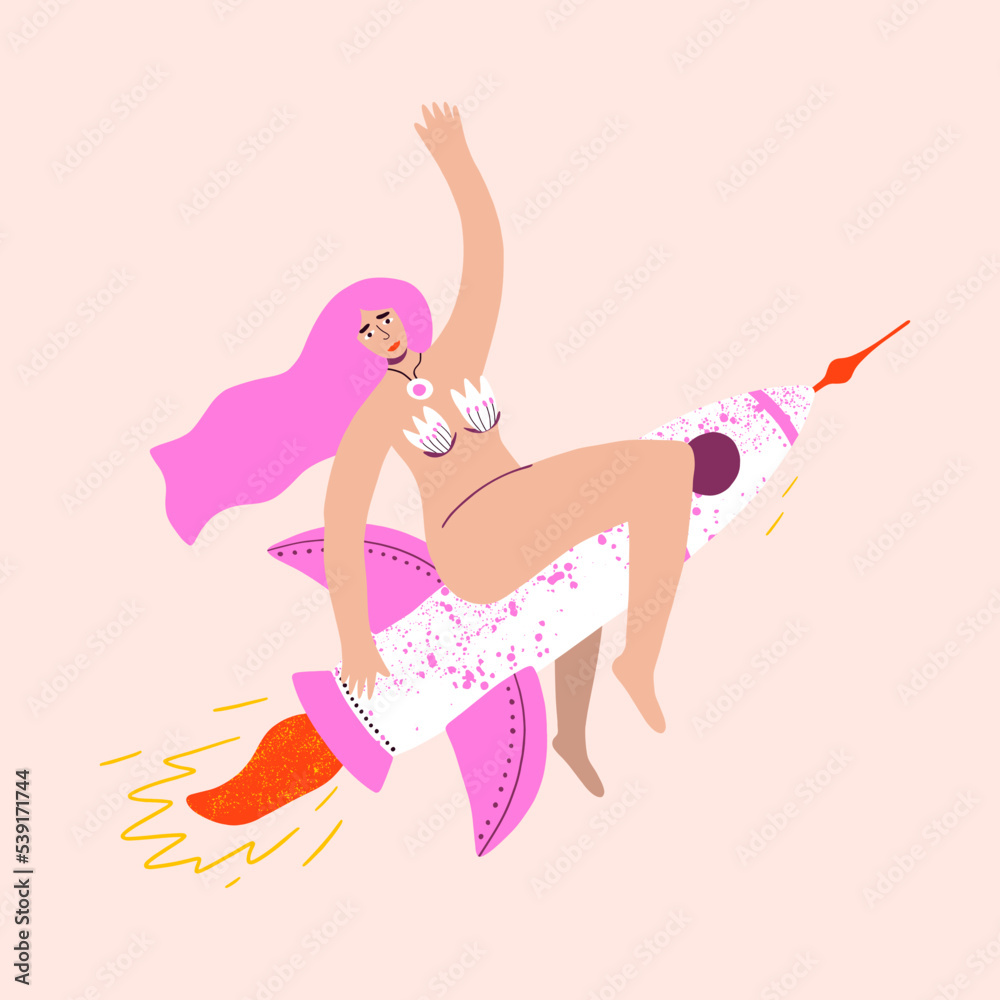 Girl on a rocket feminism concept. International women's day. Modern motivation card, girls power. Women empowerment, self acceptance. Vector illustration. Girl on a rocket feminism concept. International women's day. Modern motivation card, girls power. Women empowerment, self acceptance. Vector illustration.