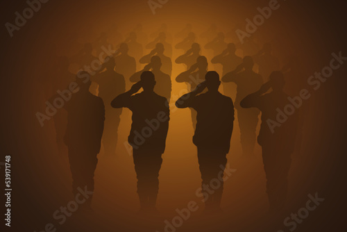 Armed forces. Brave soldiers salutes. Military units in dark brown fog