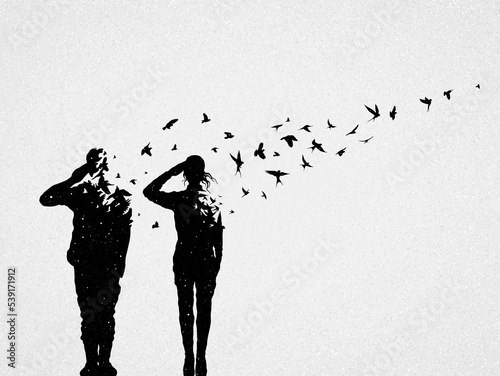 Soldiers salutes. Death on battlefield. Afterlife. Flying birds flock