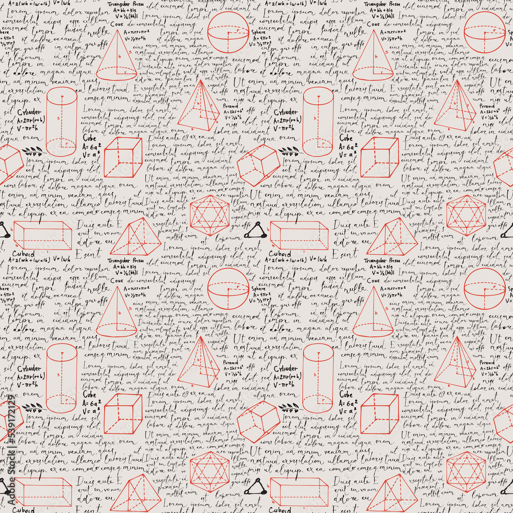 Hand-drawn mathematical seamless pattern with red geometrical figures and black handwritten text Lorem ipsum. Abstract vector repeating background in style of scientist notebook or student copybook