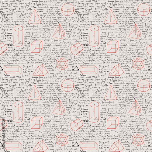 Hand-drawn mathematical seamless pattern with red geometrical figures and black handwritten text Lorem ipsum. Abstract vector repeating background in style of scientist notebook or student copybook