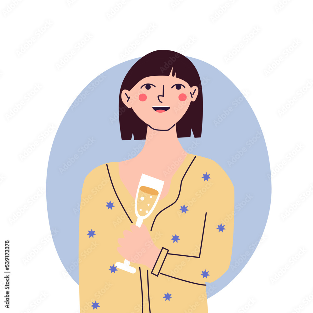 Happy young woman at celebration party. Birthday or New Year eve. Vector flat illustration, isolated on a white background Happy young woman at celebration party. Birthday or New Year eve. Vector flat illustration, isolated on a white background