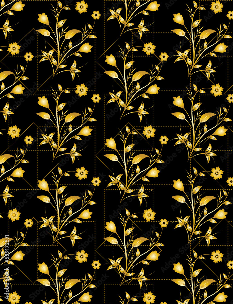 golden seamless floral ornament pattern design vector on black color