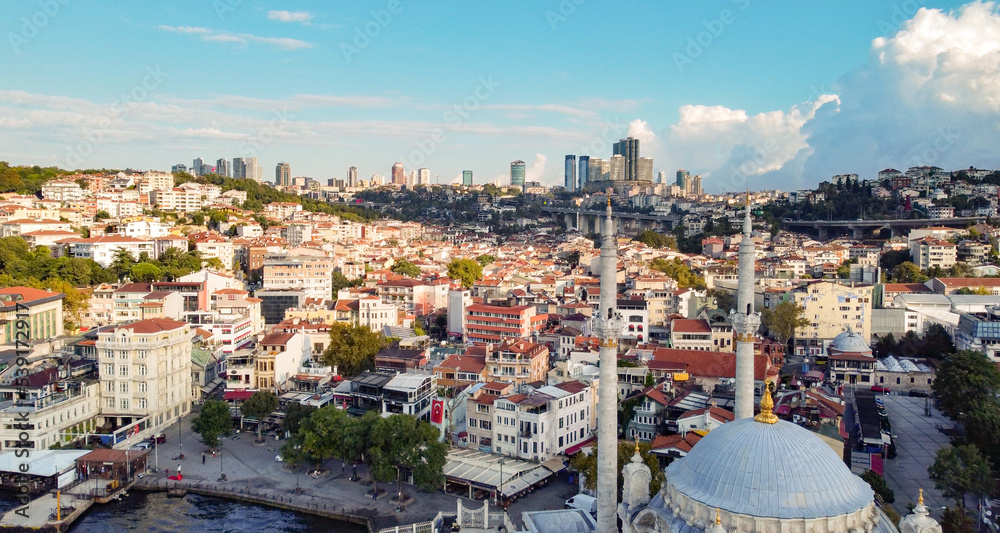 Aerial drone view of Ortaköy mosque on the Bosporous in Istanbul 