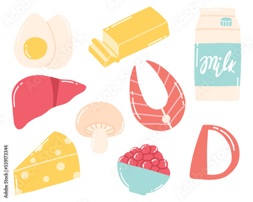 Vitamin d. Set of Foods containing vitamin d. Food rich in vitamin d. Vector illustration. Vector illustration. Drawn style.