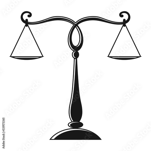 Justice scales silhouette. Mechanical balancing scales, symbol of law and judgment, punishment and truth, measuring device. Vector monochrome icon