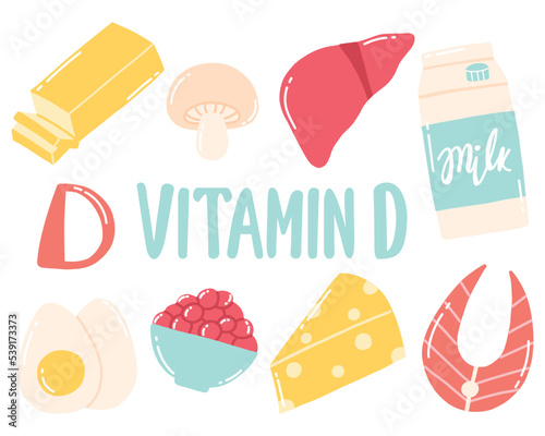Vitamin d. Set of Foods containing vitamin d. Food rich in vitamin d. Vector illustration. Vector illustration. Drawn style.