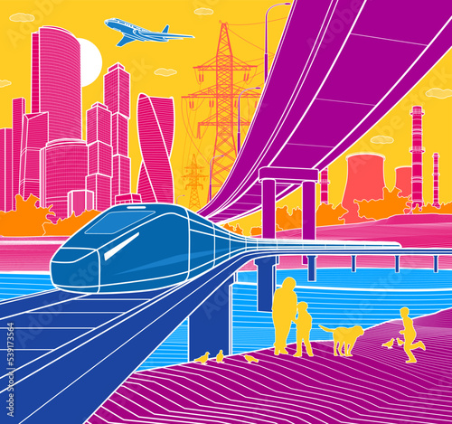 Colorful Infrastructure town illustration. Train rides on bridge. Automotive overpass. Modern city at color background, tower and skyscrapers, business building. Vector design art