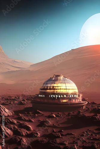  colony on mars, first martian city in red desert landscape on the red planet