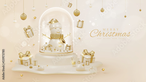 Luxury style background with 3d realistic christmas ornaments in glass bottle on podium with snow elements and glitter light effect decorations and bokeh. Vector illustration.