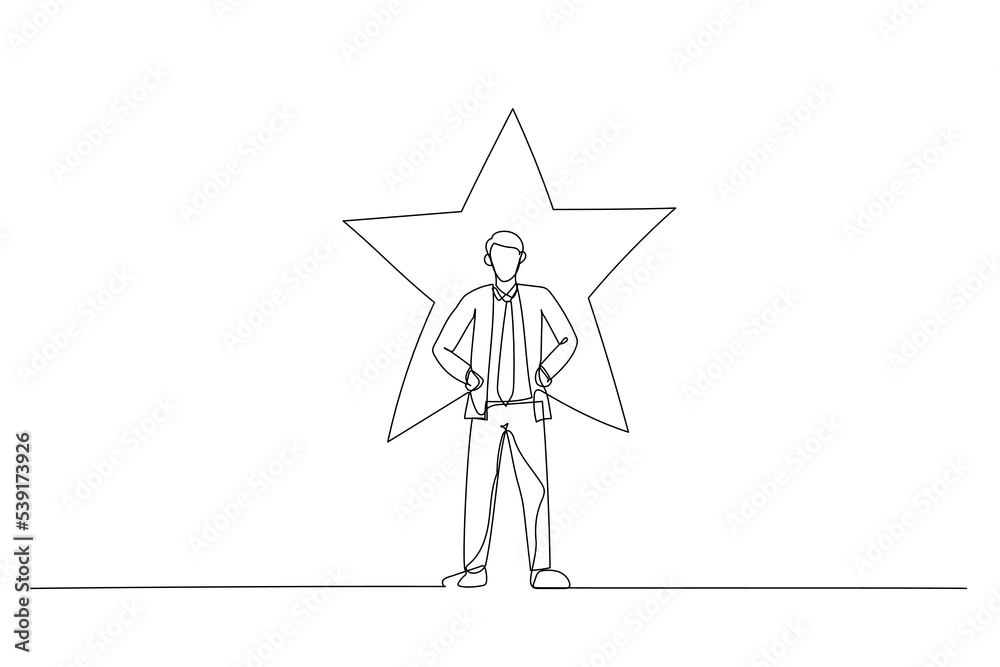 Drawing of businessman standing with glowing star on his background. Single continuous line art style