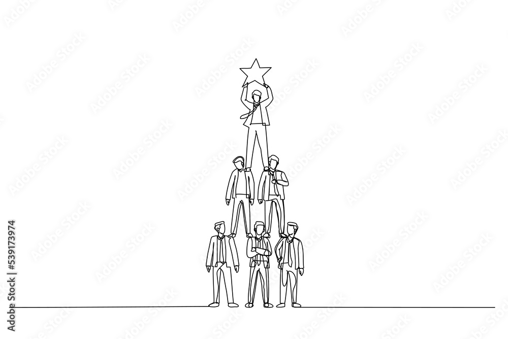 Cartoon of teamwork businessman pyramid to reach star. One line style art