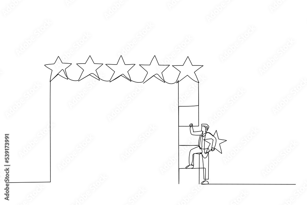 Drawing of businessman holding 5th star climb up ladder to put on best rating. Concept of customer feedback. Continuous line art style
