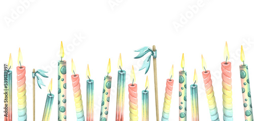 Festive candles, rainbow with lights and flags on sticks. Watercolor illustration. Horizontal banner from a large set of HAPPY BIRTHDAY. For the design and decoration of postcards, greetings