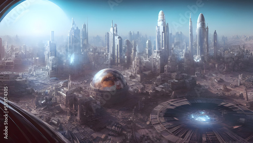metropolis skyline on mars under a shining glass dome - alien planet - science fiction - sci-fi - future - space - red desert - dune - concept art - digital painting - illustration