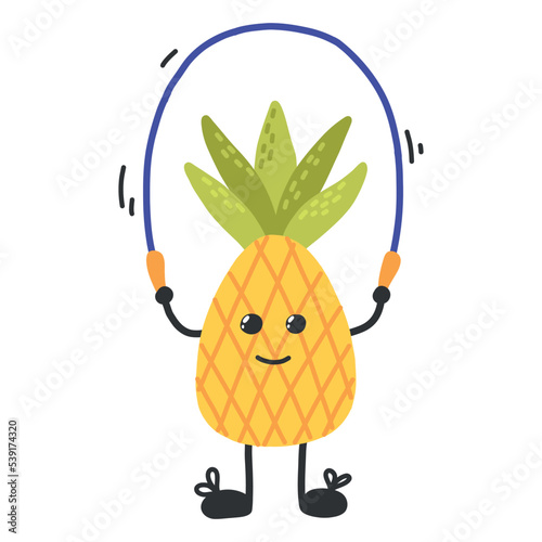 Cute pineapple jump rope. Sports, hobbies, exercise. Vector pineapple in kawaii style. Sports healthy pineapple. The concept of doing sports.Pineapple character.