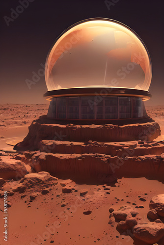 Fotografering metropolis on mars under a shining glass dome - alien planet - science fiction -