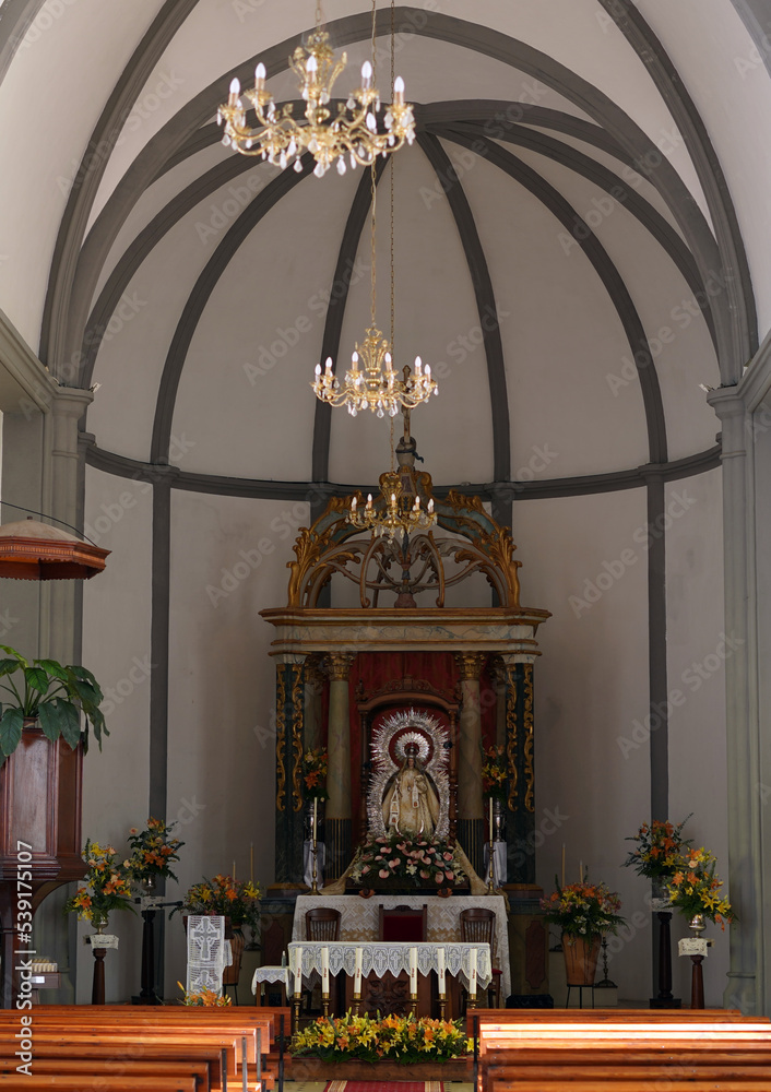 Interior in the church. We see the main altar and above it the saint. The main niche is topped by a dome.