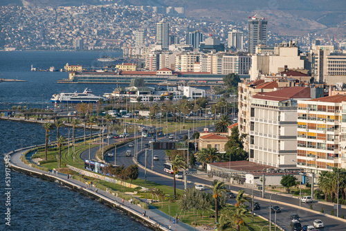 Aerial view of Izmir coast side parks, motorway and high buildings