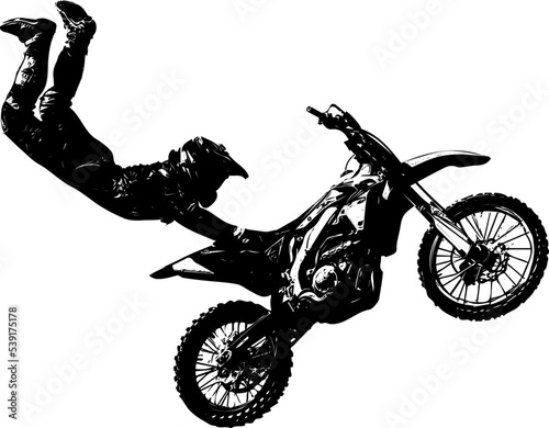Fototapeta Naklejka Na Ścianę i Meble -  A motorcyclist performing a stunt on a motorcycle. Vector illustration of bike stunt man silhouette. Sketch drawing of a man doing a bike stunt in the air