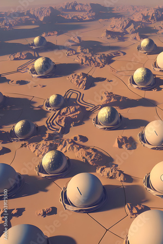 first martian colony - mars base - planet mars colony with geodesic buildings / domes and small dust in the red desert - concept art - digital painting - science fiction - space - solar system
