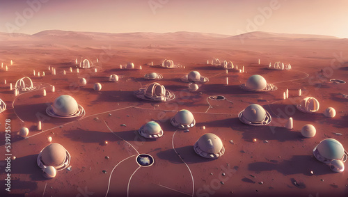 Valokuva mars base - planet mars colony with geodesic buildings / domes and small dust in