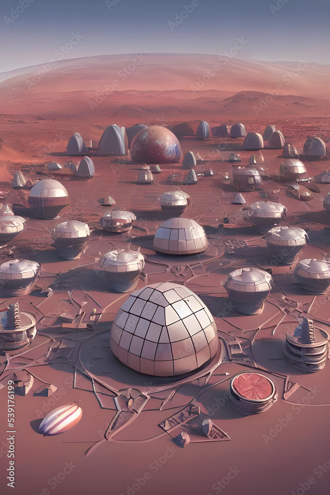 mars base - planet mars colony with geodesic buildings / domes and ...