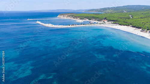 Drone view of crystal clear blue water on the beach of Kabatepe near Çanakkale, Turkey
