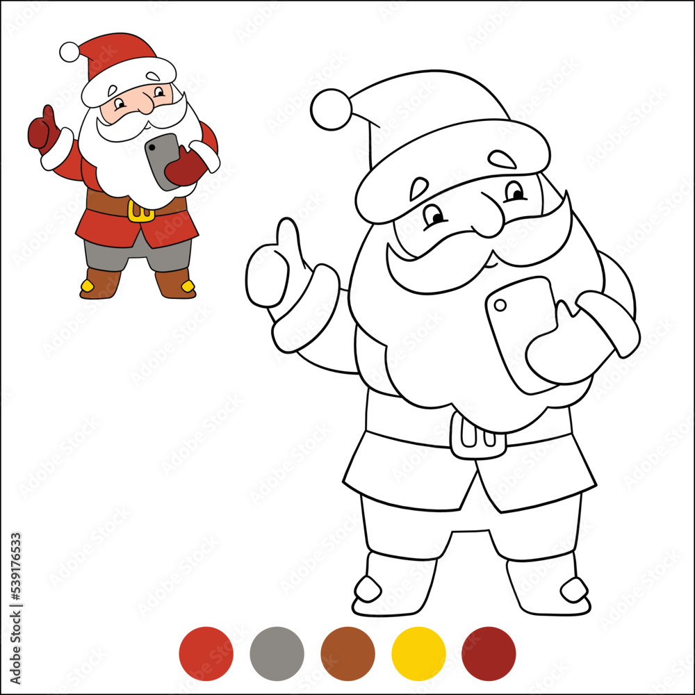 Merry Christmas and Happy New Year coloring page with example and color palette. Santa Claus holds a phone in the hand and smiles. He takes a selfie.