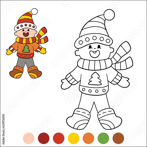 Merry Christmas and Happy New Year coloring page with example and color palette. Little cute boy stands and smiles. Christmas tree toy.