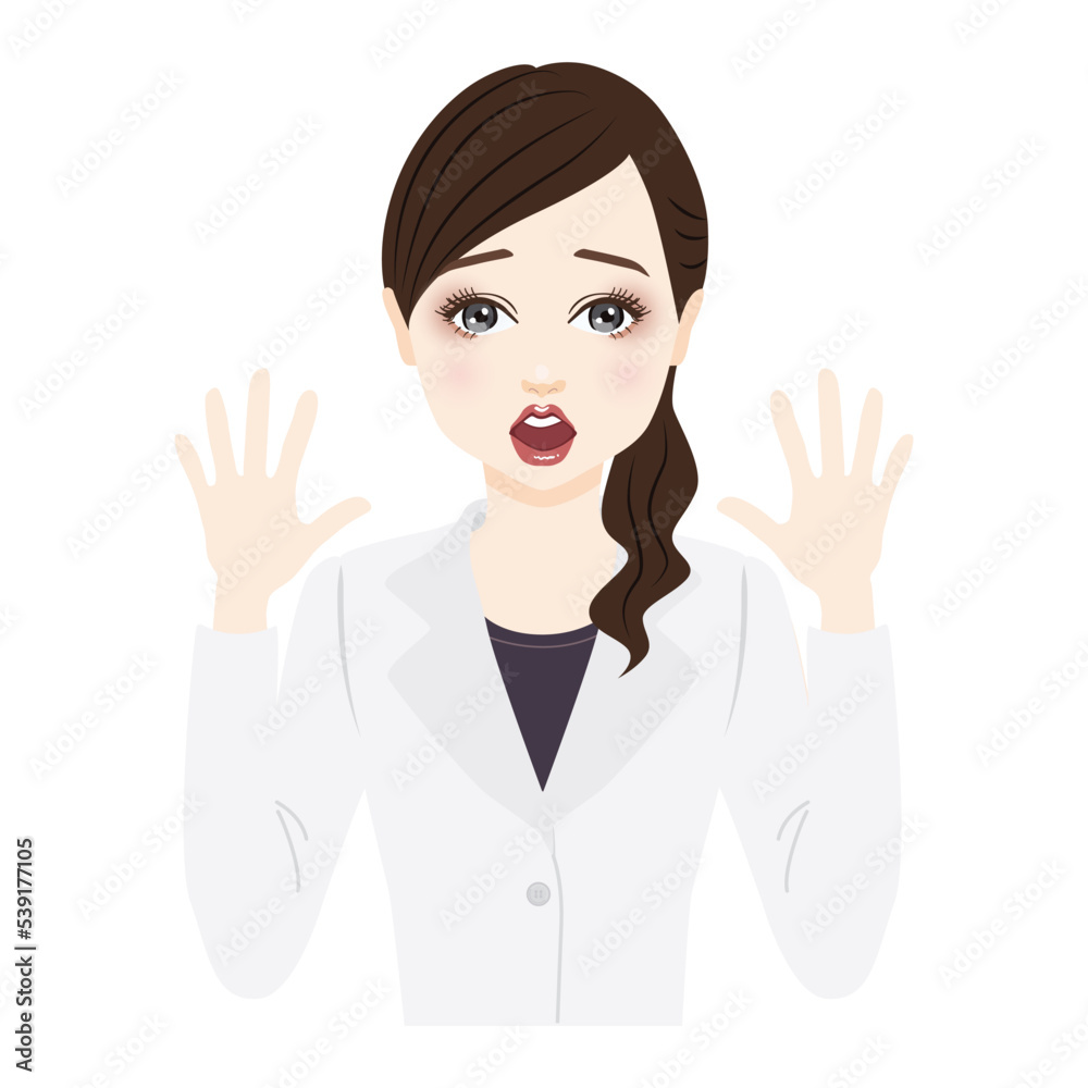 woman in a white coat with ponytail is surprised