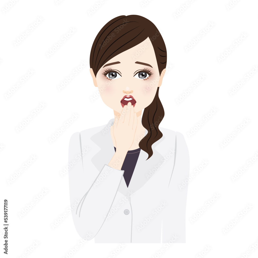 woman in a white coat with ponytail look surprised woman in a white coat with ponytail look surprised