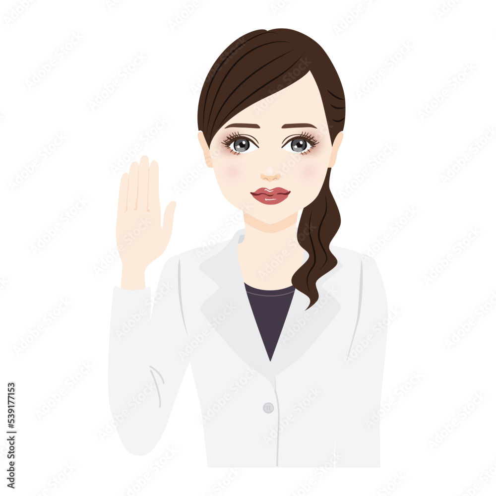 woman in a white coat with ponytail raise a hand woman in a white coat with ponytail raise a hand