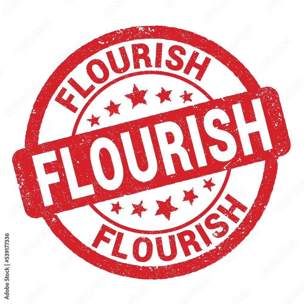 FLOURISH text written on red round stamp sign. FLOURISH text written on red round stamp sign.