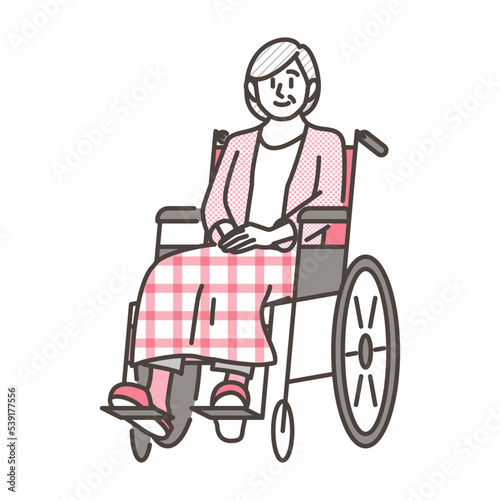 Smiling senior woman in a wheelchair for nursing care [welfare vector illustration]