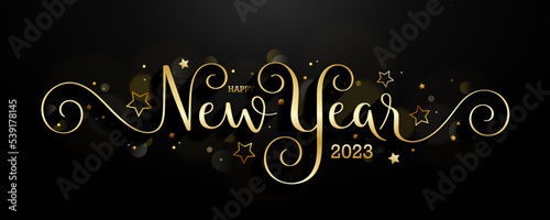 HAPPY NEW YEAR 2023 metallic gold brush calligraphy banner on black background