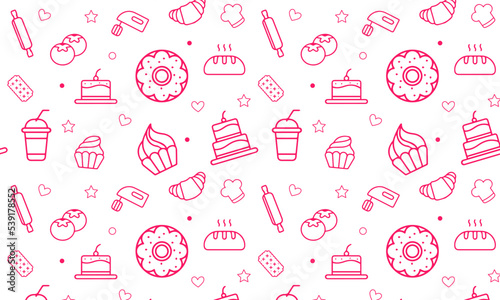 Sweet food seamless pattern with flat line icons. Pastry vector illustrations - lollipop, chocolate bar, milkshake, cookie, birthday cake, candy shop. Cute pink white background for confectionery