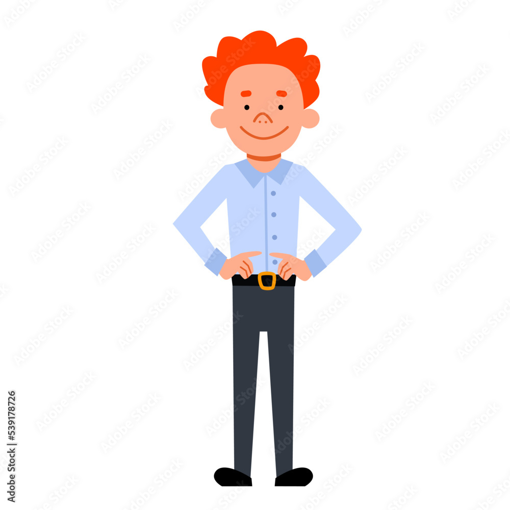 A young man in full height stands with his hands on his belt. Vector illustration in a flat style on an isolated white background.