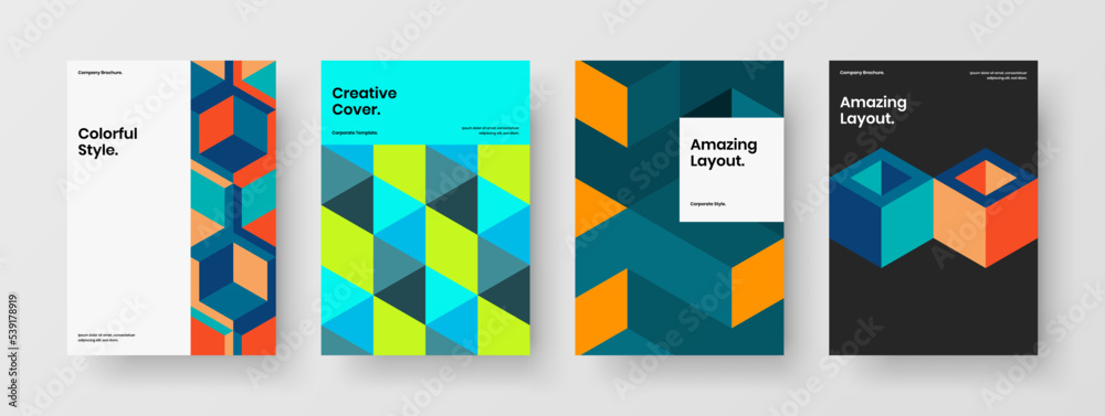 Abstract corporate identity A4 design vector illustration collection. Modern mosaic hexagons brochure layout set.