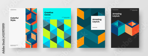 Abstract corporate identity A4 design vector illustration collection. Modern mosaic hexagons brochure layout set.