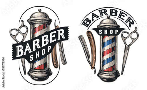 Barbershop emblem. Barber pole, scissors, shaving razor. Haircut and shave, male beauty salon logo. Vector illustration