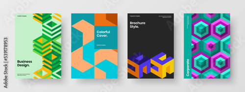 Bright geometric shapes brochure concept composition. Trendy banner design vector illustration set.
