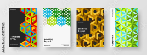 Minimalistic geometric pattern company cover illustration collection. Original corporate brochure A4 vector design template set.