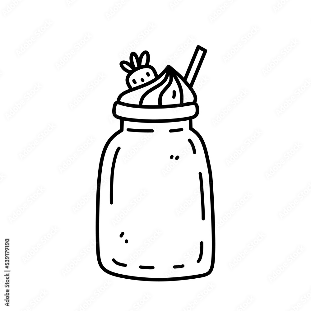 Strawberry milkshake with whipped cream isolated on white background. Vector hand-drawn illustration in doodle style. Perfect for cards, logo, decorations, menu, various designs. Strawberry milkshake with whipped cream isolated on white background. Vector hand-drawn illustration in doodle style. Perfect for cards, logo, decorations, menu, various designs.