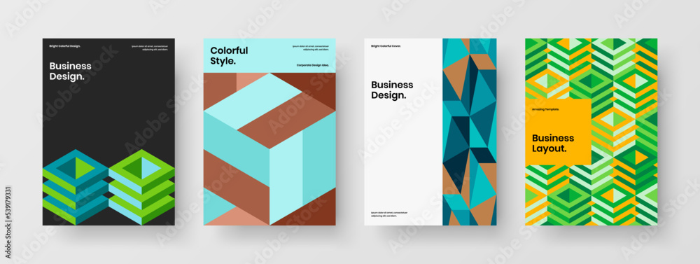Isolated catalog cover A4 vector design concept set. Colorful geometric pattern company identity illustration bundle.