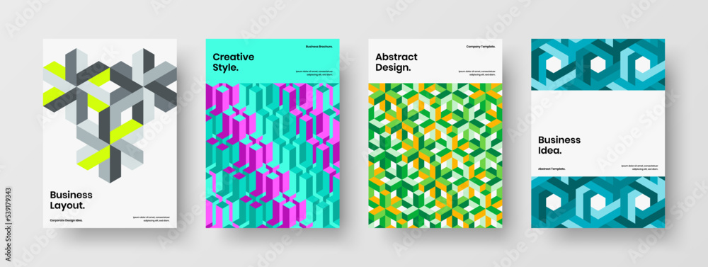 Premium mosaic hexagons journal cover concept bundle. Minimalistic annual report A4 design vector template set.