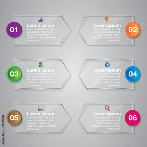 6 steps business infographic 3 d arrow style,Glass design, can be used for workflow layout, diagram, annual report, web design.Creative banner, label vector.
