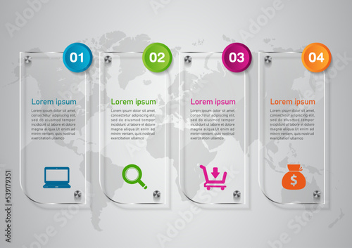 4 steps business infographic 3 d ,Glass design, can be used for workflow layout, diagram, annual report, web design.Creative banner, label vector, Banner design.