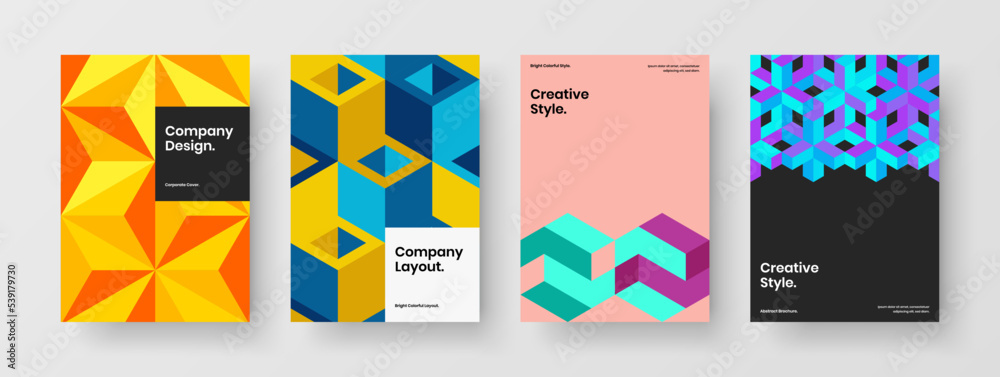 Fresh leaflet design vector template bundle. Abstract geometric tiles catalog cover concept composition.